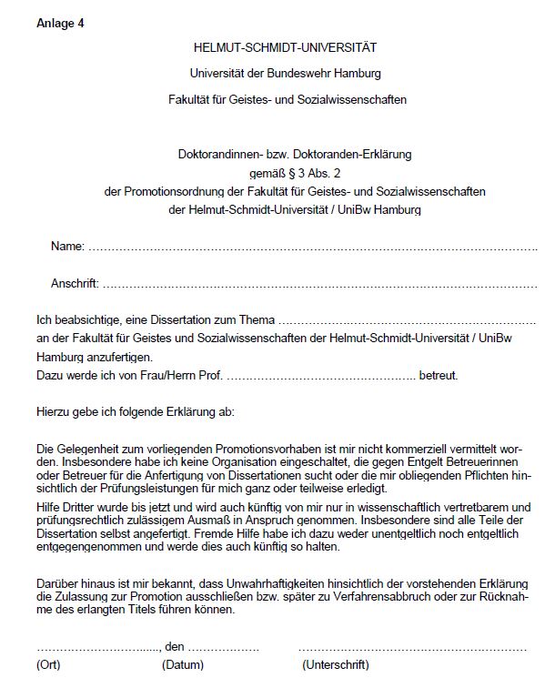 Anlage 4: Erklärung über die Absicht, eine Dissertation anzufertigen