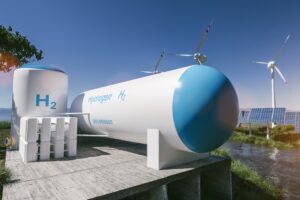 Hydrogen renewable energy production - hydrogen gas for clean electricity solar and windturbine facility. 3d rendering.