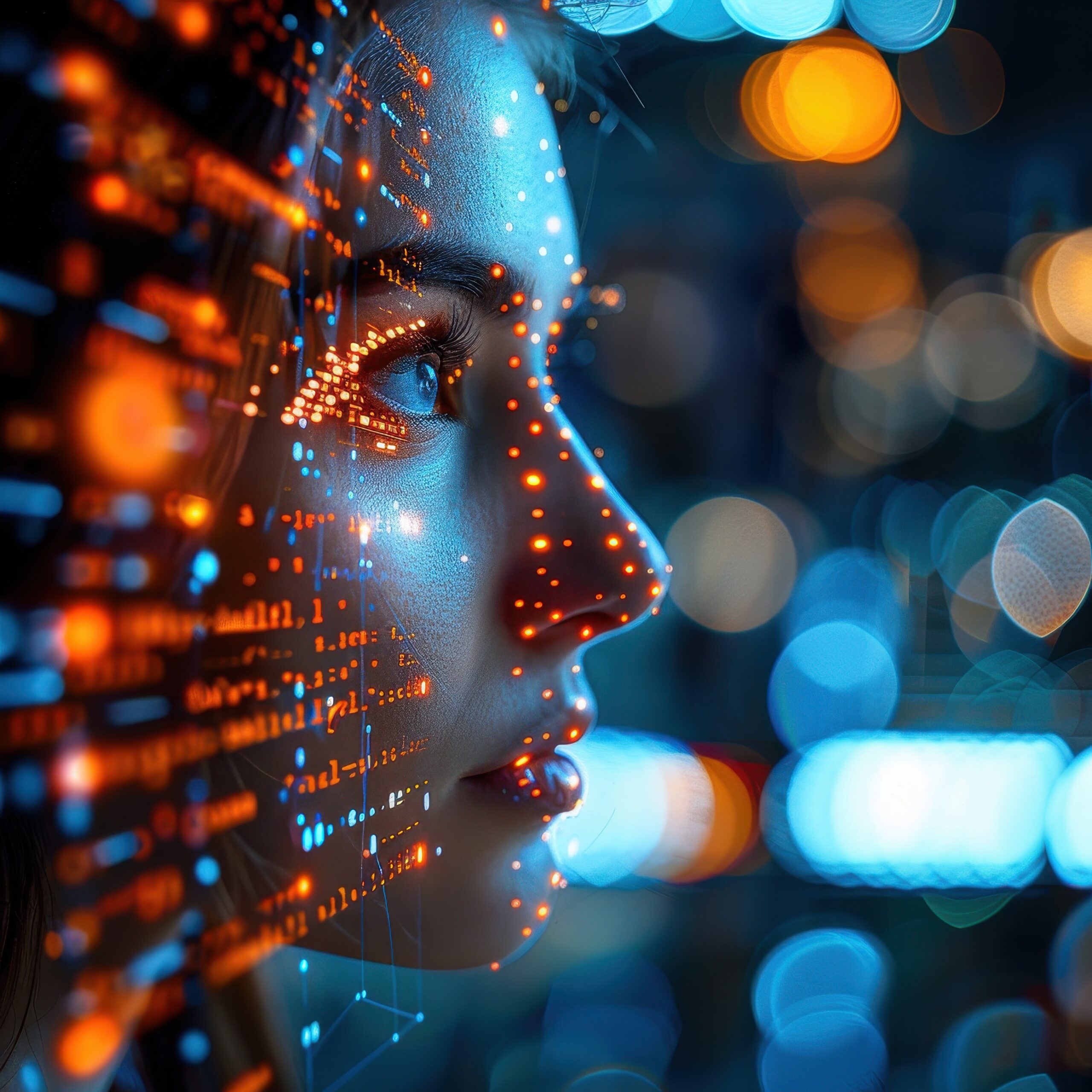 A woman's futuristic profile with digital data overlay, representing technology, AI, and innovation in a vibrant, glowing background.