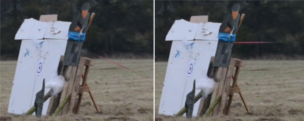 Still photo frames of the last two arrows penetrating the plastic and the wooden targets; notice the cloud of evaporating matter.