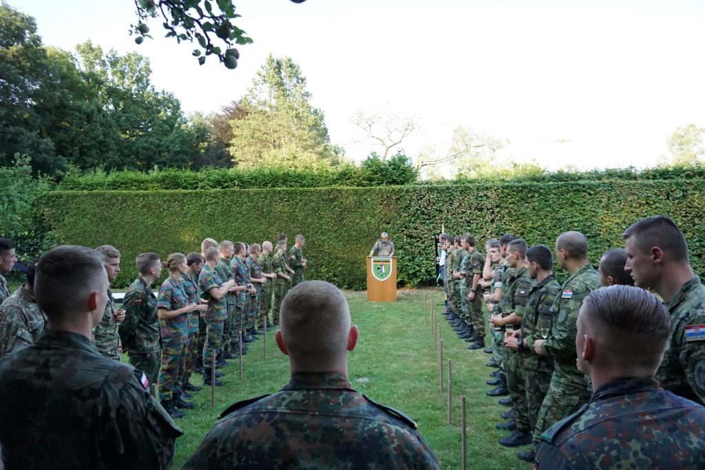 Es stehen viele Soldaten auf einer grünen Wiese, am Ende der Wiese steht ein Rednerpult mit einem Redner in Uniform