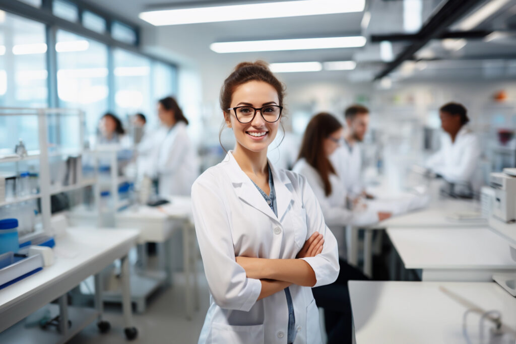 Eine junge Frau im weißen Kittel steht in einem Labor. Im Hintergrund arbeiten weitere Forscherinnen.
