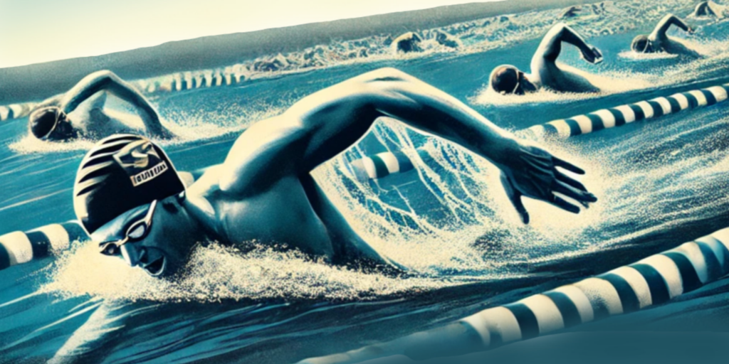 KI-generierter Inhalt. Zu sehen sind Schwimmer, welche ihre Bahnen von rechts nach links schwimmen. Bildquelle: Emily Brüning