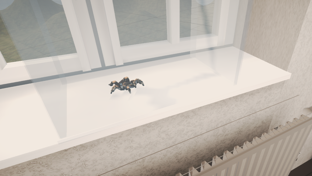 Screenshot einer Virtual-Reality-Anwendung mit einer virtuellen Spinne auf einer Fensterbank vor einem Fenster in einem simulierten Raum.