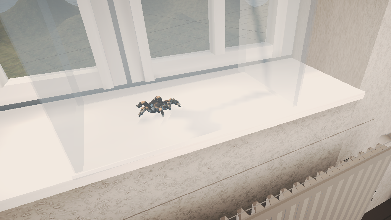 Screenshot einer Virtual-Reality-Anwendung mit einer virtuellen Spinne auf einer Fensterbank vor einem Fenster in einem simulierten Raum.